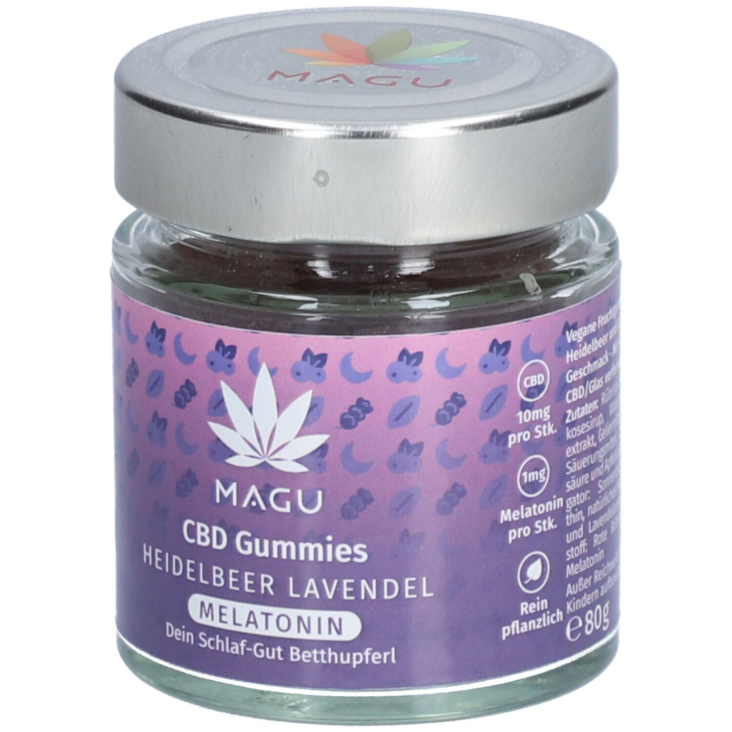 Glas mit CBD Gummies. Aufschrift: MAGU, CBD Gummies, Heidelbeer Lavendel, Melatonin. Deckel silberfarben. 80g.