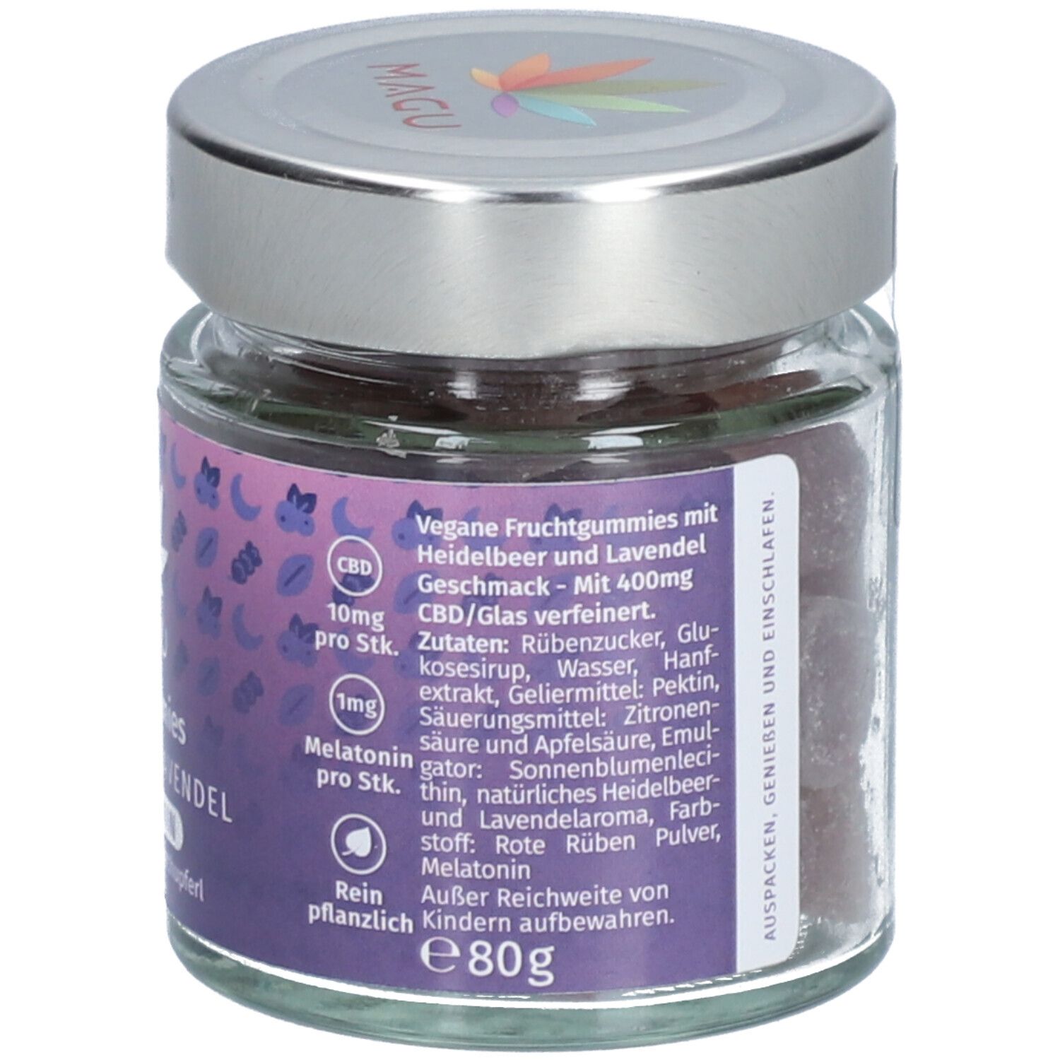 Rückseite des Glases mit Inhaltsstoffen und Nährwertangaben. Aufschrift: Vegan, 10mg CBD, 1mg Melatonin, 80g.