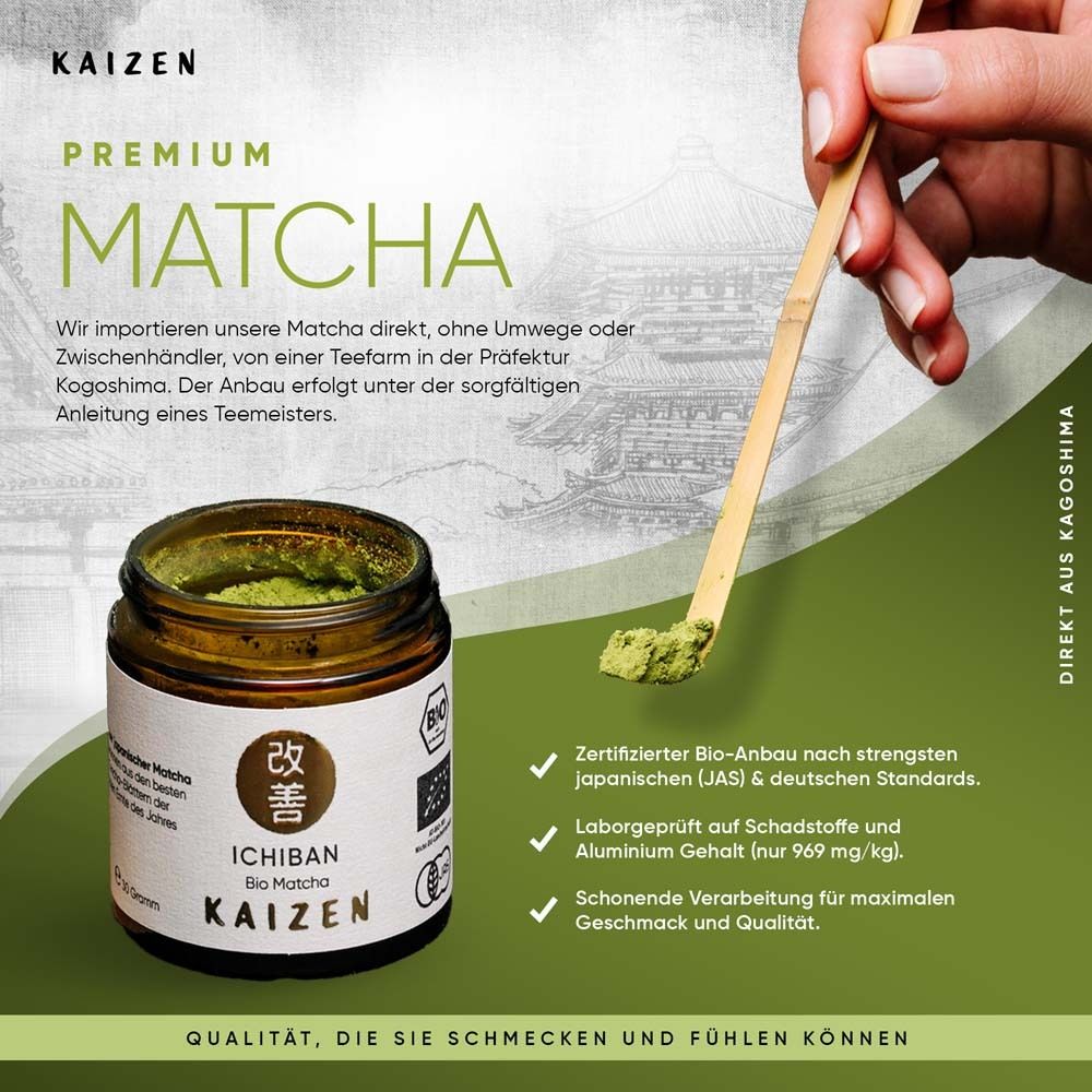 Rückseite der braunen Glasdose mit schwarzem Deckel. Text: Feinstes japanisches Matcha. E 30 Gramm. Barcode.