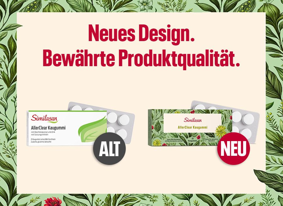 Vergleich: Altes und neues Design von Similasan AllerClear Kaugummi. Text: Neues Design. Bewährte Produktqualität.