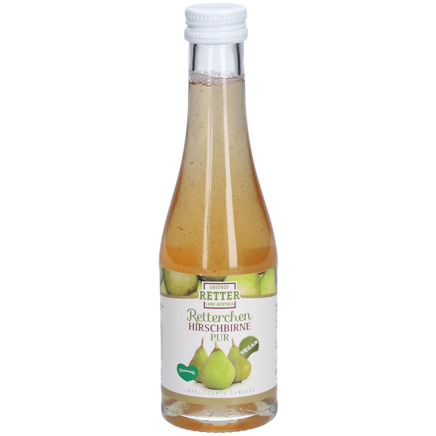 Glasflasche mit hellem Inhalt und weißem Deckel. Etikett mit Text und grünen Birnen. Vegan-Siegel.