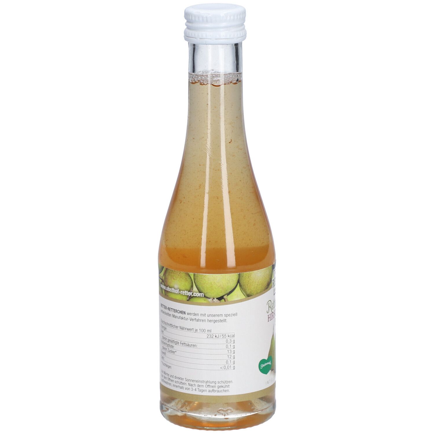 Rückansicht einer Glasflasche mit hellem Inhalt. Etikett mit Text, Nährwertangaben und grünen Birnen.