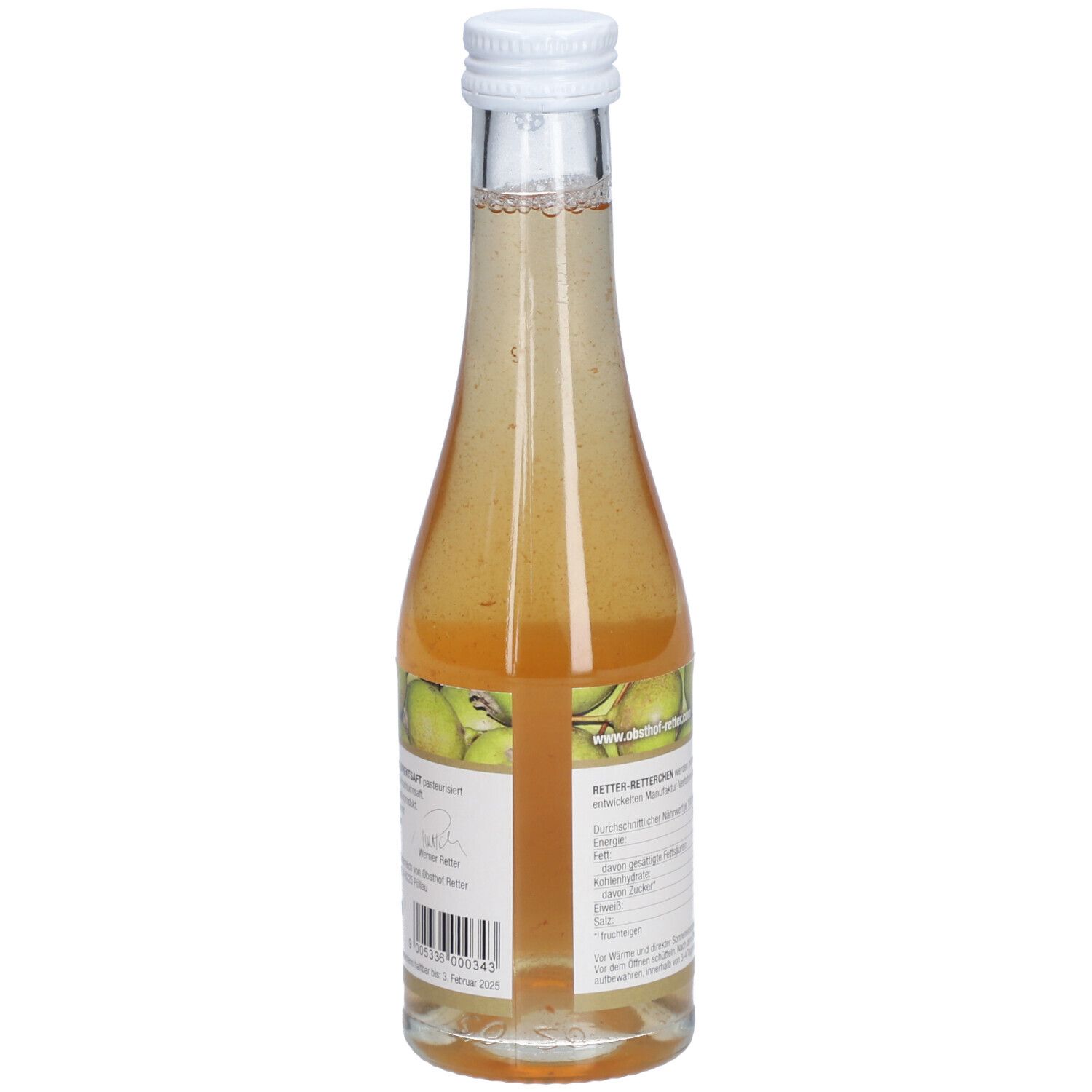 Rückansicht einer Glasflasche mit hellem Inhalt. Etikett mit Text und Barcode.
