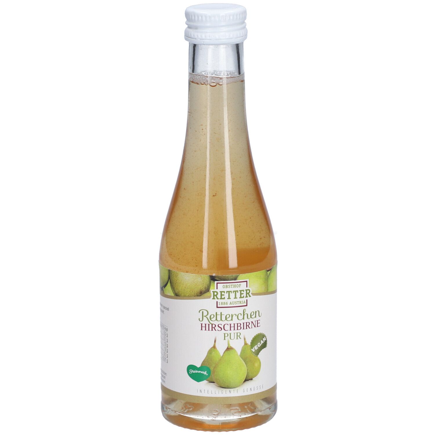 Glasflasche mit hellem Inhalt und weißem Deckel. Etikett mit Text und grünen Birnen. Vegan-Siegel.