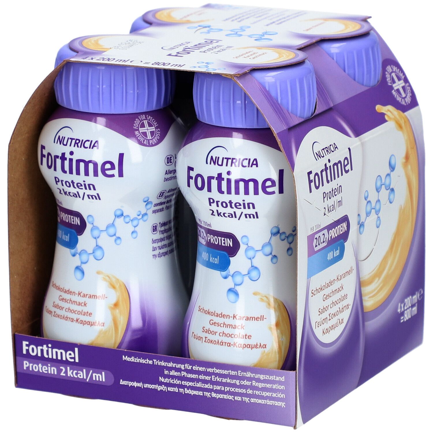 Fortimel® Protein 2 kcal Schokolade-Karamell, die eiweißreiche und hochkalorische Trinknahrung, die zudem ballaststoff- & glutenfrei, und laktosearm ist