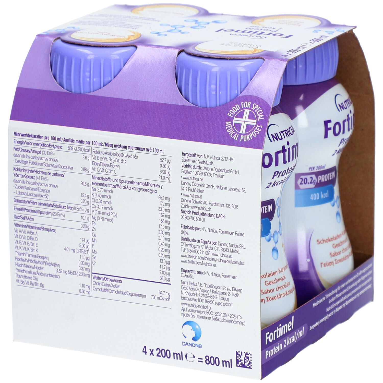 Fortimel® Protein 2 kcal Schokolade-Karamell, die eiweißreiche und hochkalorische Trinknahrung, die zudem ballaststoff- & glutenfrei, und laktosearm ist