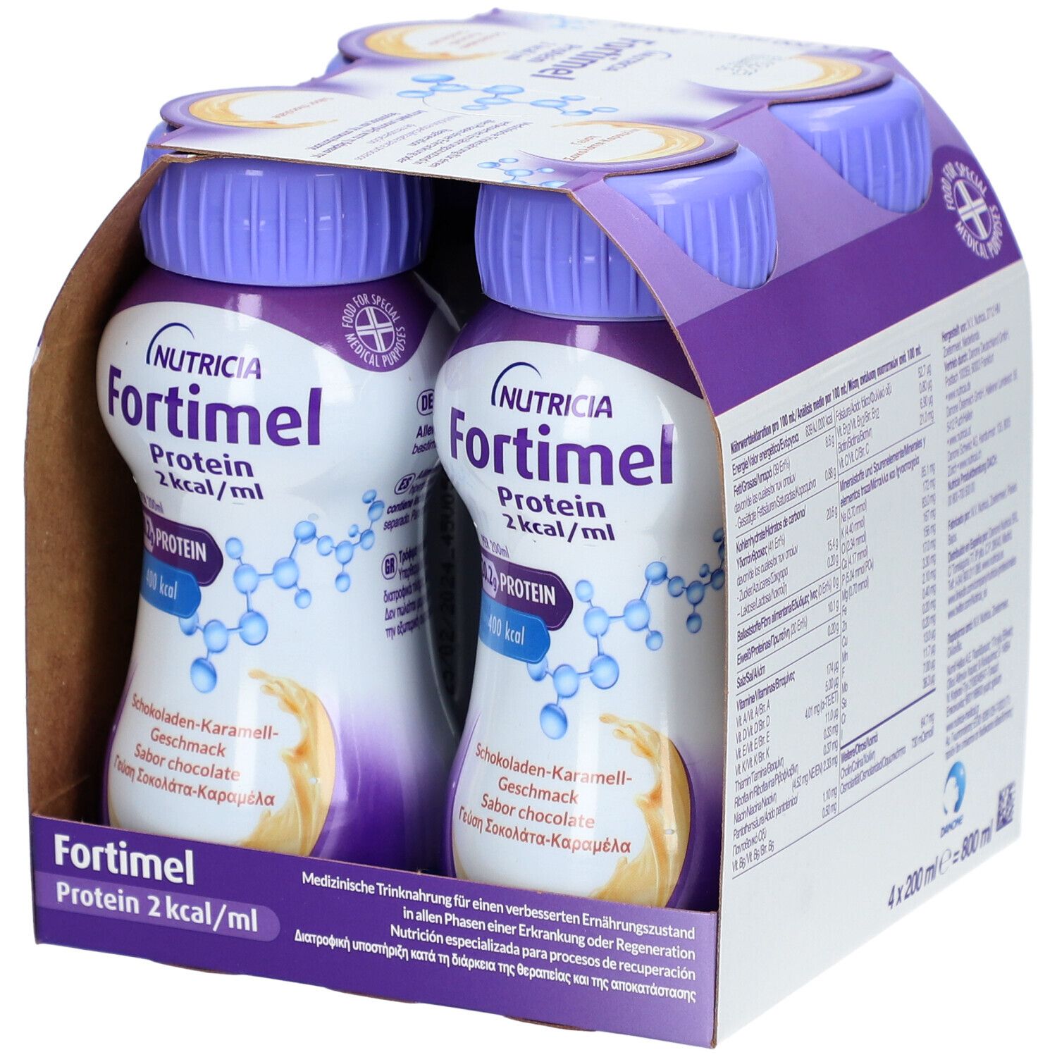 Fortimel® Protein 2 kcal Schokolade-Karamell, die eiweißreiche und hochkalorische Trinknahrung, die zudem ballaststoff- & glutenfrei, und laktosearm ist