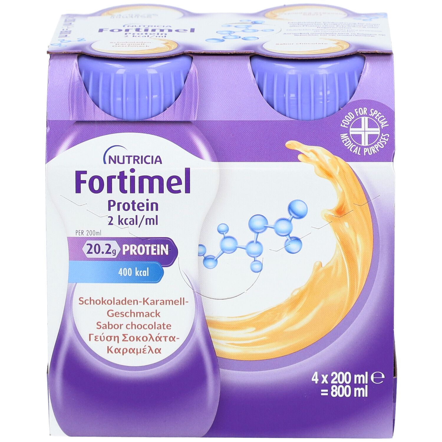 Fortimel® Protein 2 kcal Schokolade-Karamell, die eiweißreiche und hochkalorische Trinknahrung, die zudem ballaststoff- & glutenfrei, und laktosearm ist
