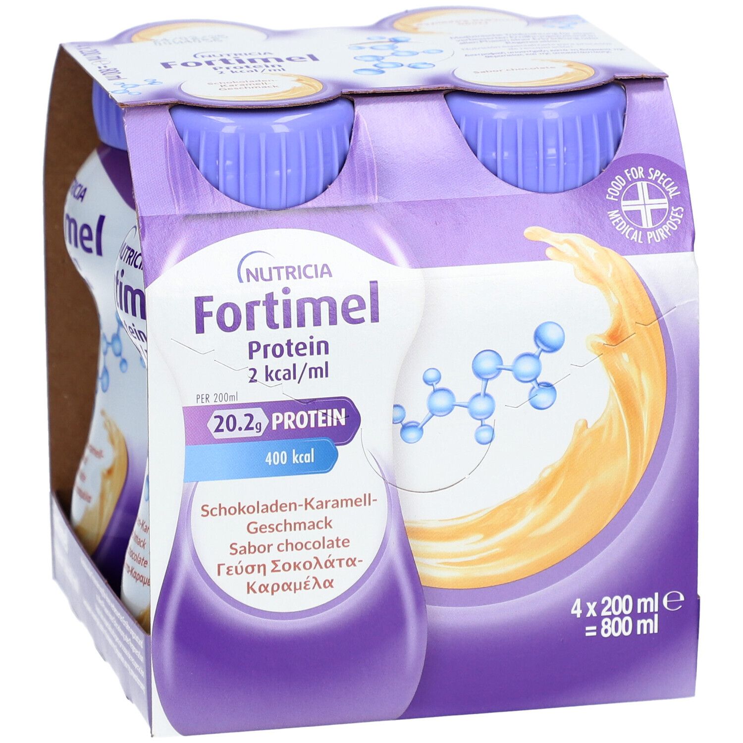 Fortimel® Protein 2 kcal Schokolade-Karamell, die eiweißreiche und hochkalorische Trinknahrung, die zudem ballaststoff- & glutenfrei, und laktosearm ist