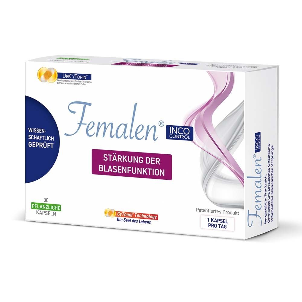Femalen INCO Control Packung. Enthält 30 Kapseln. Aufschrift: Stärkung der Blasenfunktion. Mit UriCyTonin.