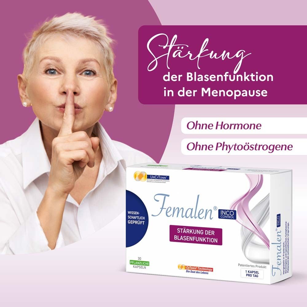 Frau mit Finger auf den Lippen. Im Hintergrund: Femalen INCO Control Packung. Text: Stärkung der Blasenfunktion in der Menopause.