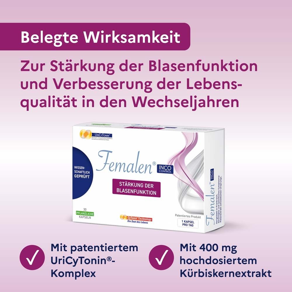 Femalen INCO Control Packung. Text: Stärkung der Blasenfunktion. Mit UriCyTonin-Komplex und Kürbiskernextrakt.