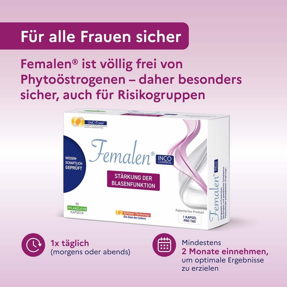 Femalen INCO Control Packung. Text: Stärkung der Blasenfunktion. 30 Kapseln. Einnahme: 1x täglich, mindestens 2 Monate.