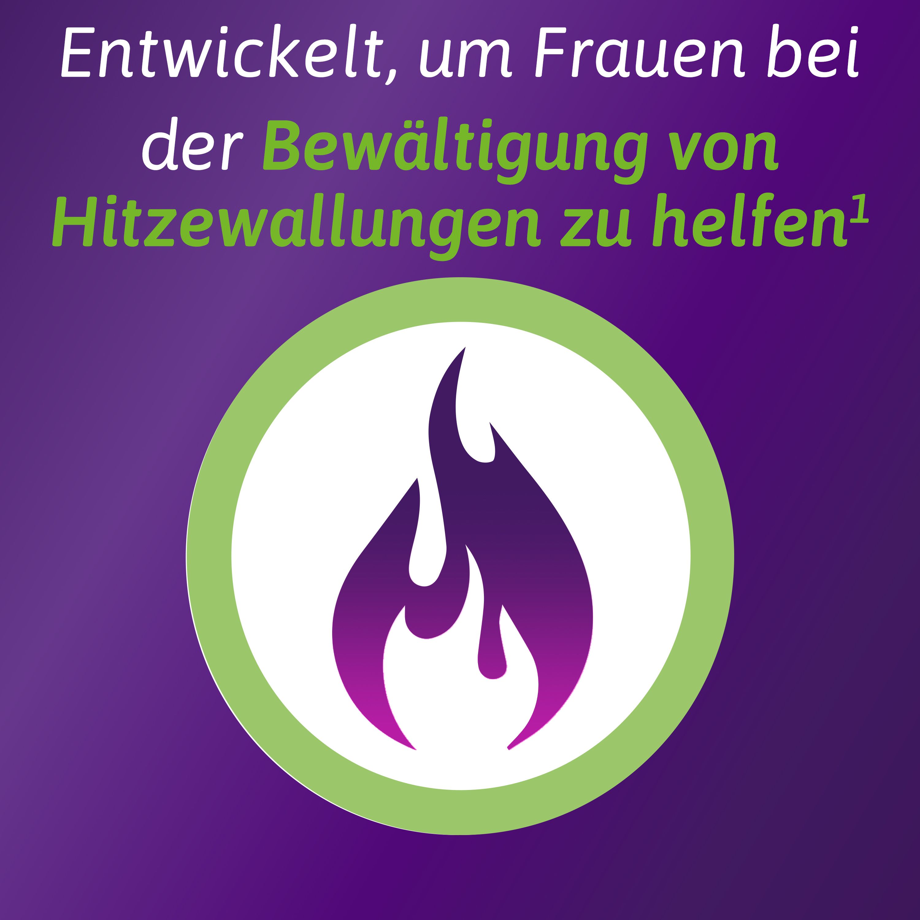 Grafik mit Flammen-Symbol in grünem Kreis. Text: Entwickelt, um Frauen bei der Bewältigung von Hitzewallungen zu helfen.