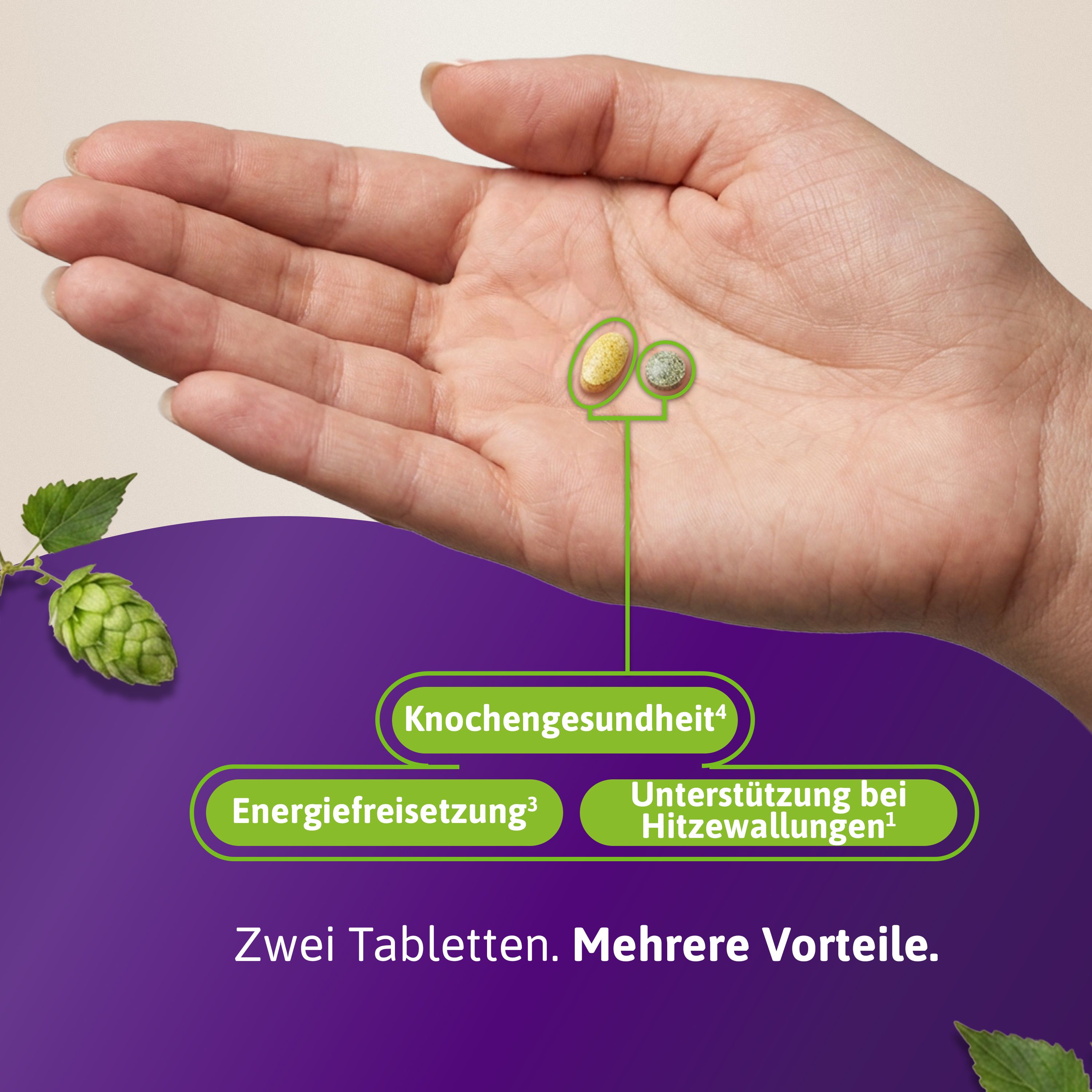 Zwei Tabletten in einer Hand. Eine ist gelb, die andere grau. Text: Knochengesundheit, Energie, Hitzewallungen.
