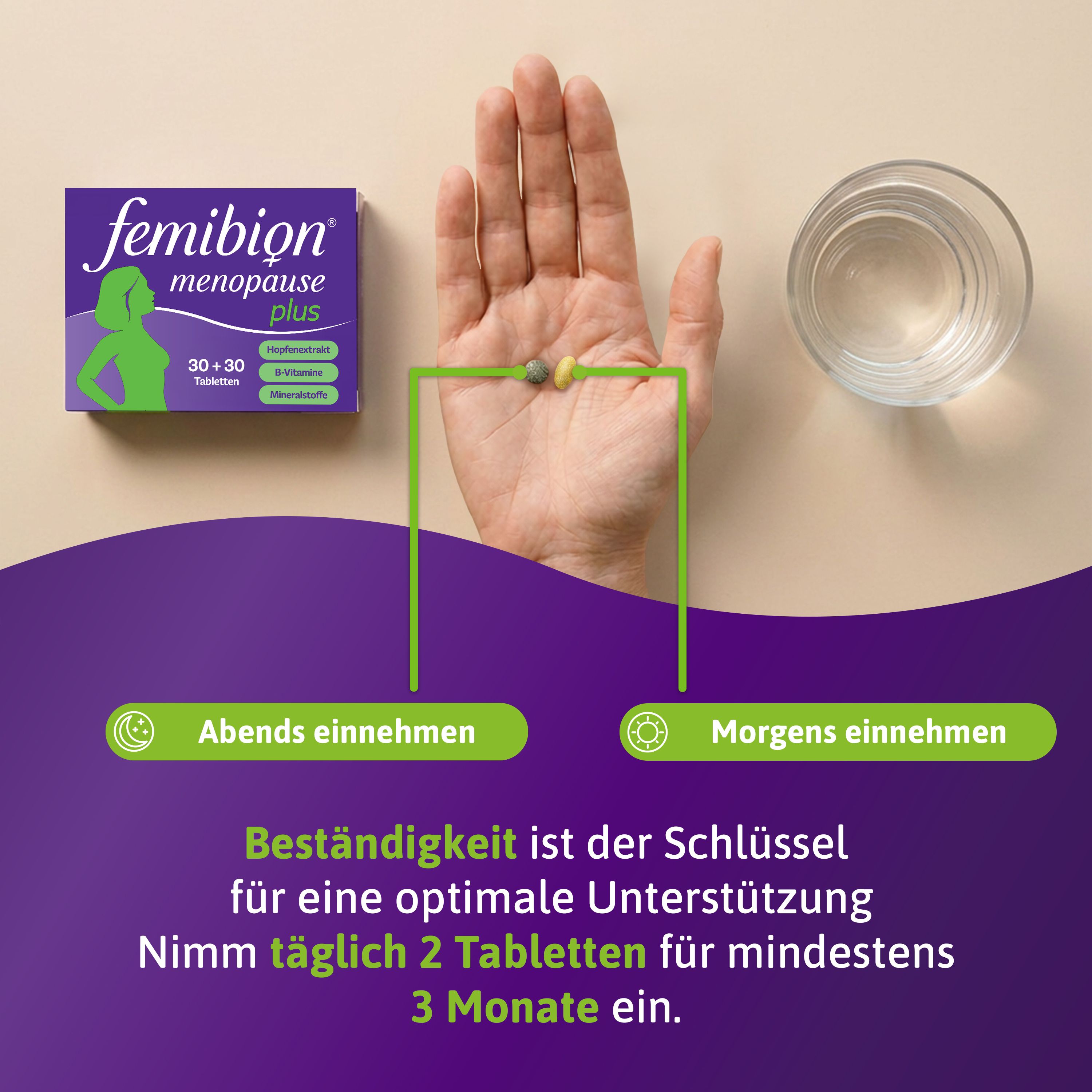 Packung Femibiontal plus, zwei Tabletten in einer Hand, Glas Wasser. Text: Abends/Morgens einnehmen, 3 Monate.