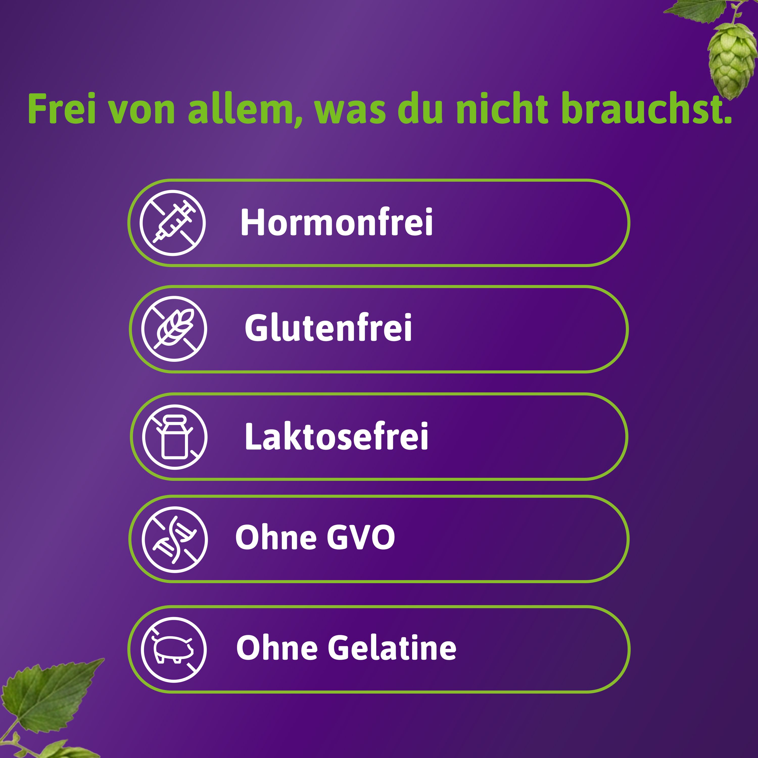 Fünf Siegel: Hormonfrei, Glutenfrei, Laktosefrei, Ohne GVO, Ohne Gelatine. Oben: "Frei von allem, was du nicht brauchst."