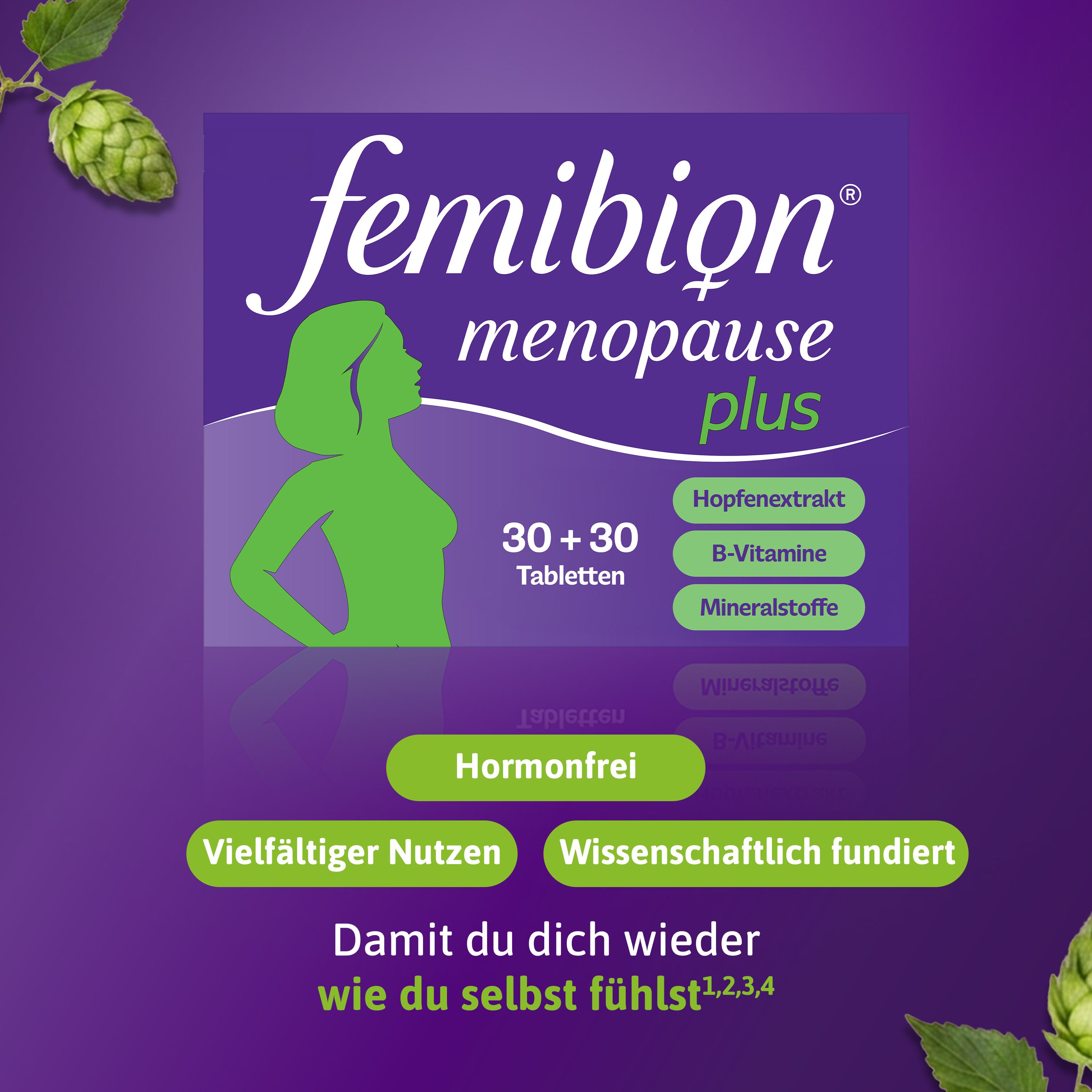 Femibion Menopause Plus Tablettenpackung mit Informationen zu Inhaltsstoffen und Nutzen.