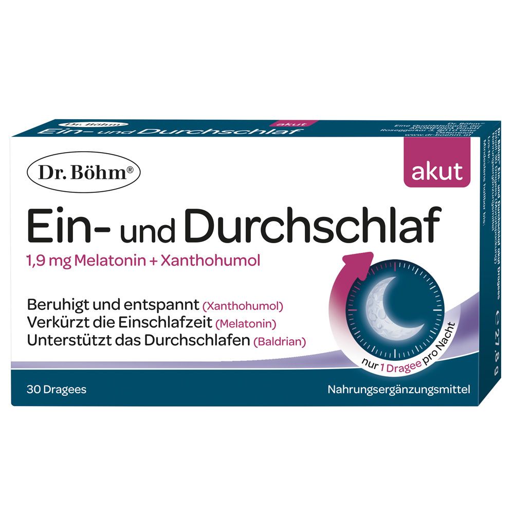Schachtel Dr. Böhm Ein- und Durchschlaf, 30 Dragees. Text: 1,9 mg Melatonin + Xanthohumol. Akut. Mond-Symbol.
