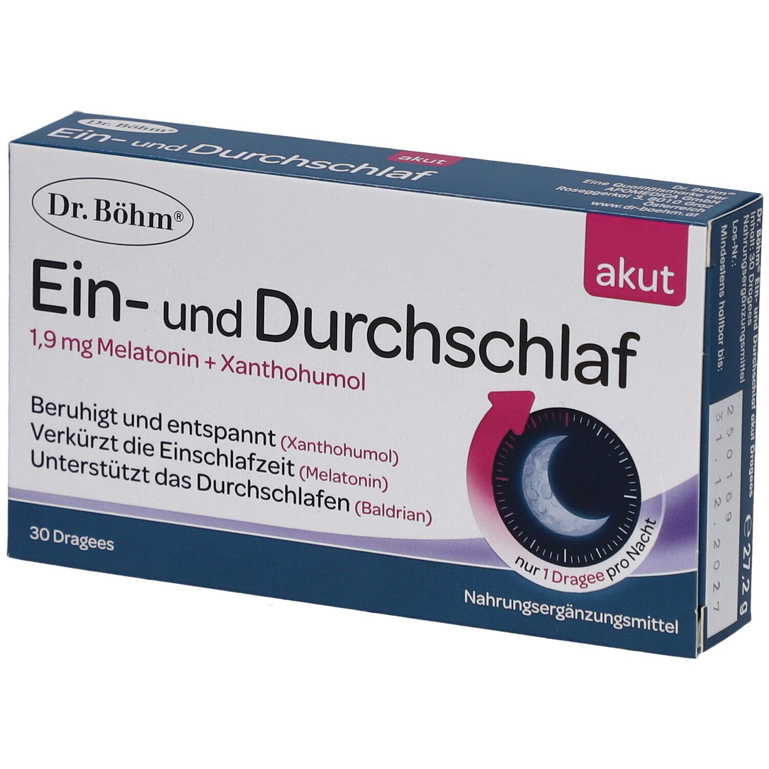Schachtel mit "Ein- und Durchschlaf" von Dr. Böhm. Enthält 30 Dragees. Blaue und weiße Verpackung mit Text und Logo.