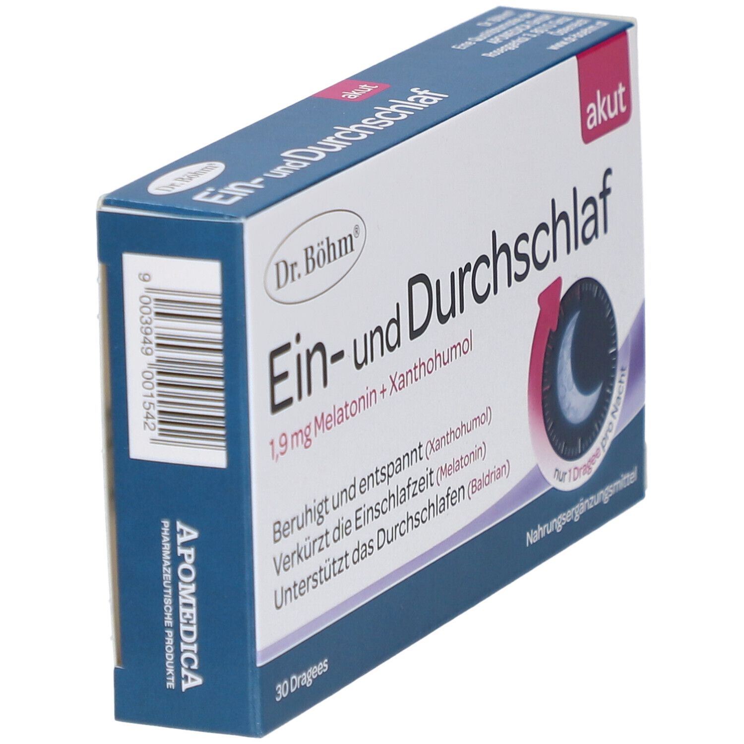 Schachtel "Ein- und Durchschlaf" von Dr. Böhm. Blaue und weiße Verpackung. Text und Logo. Perspektivische Ansicht.