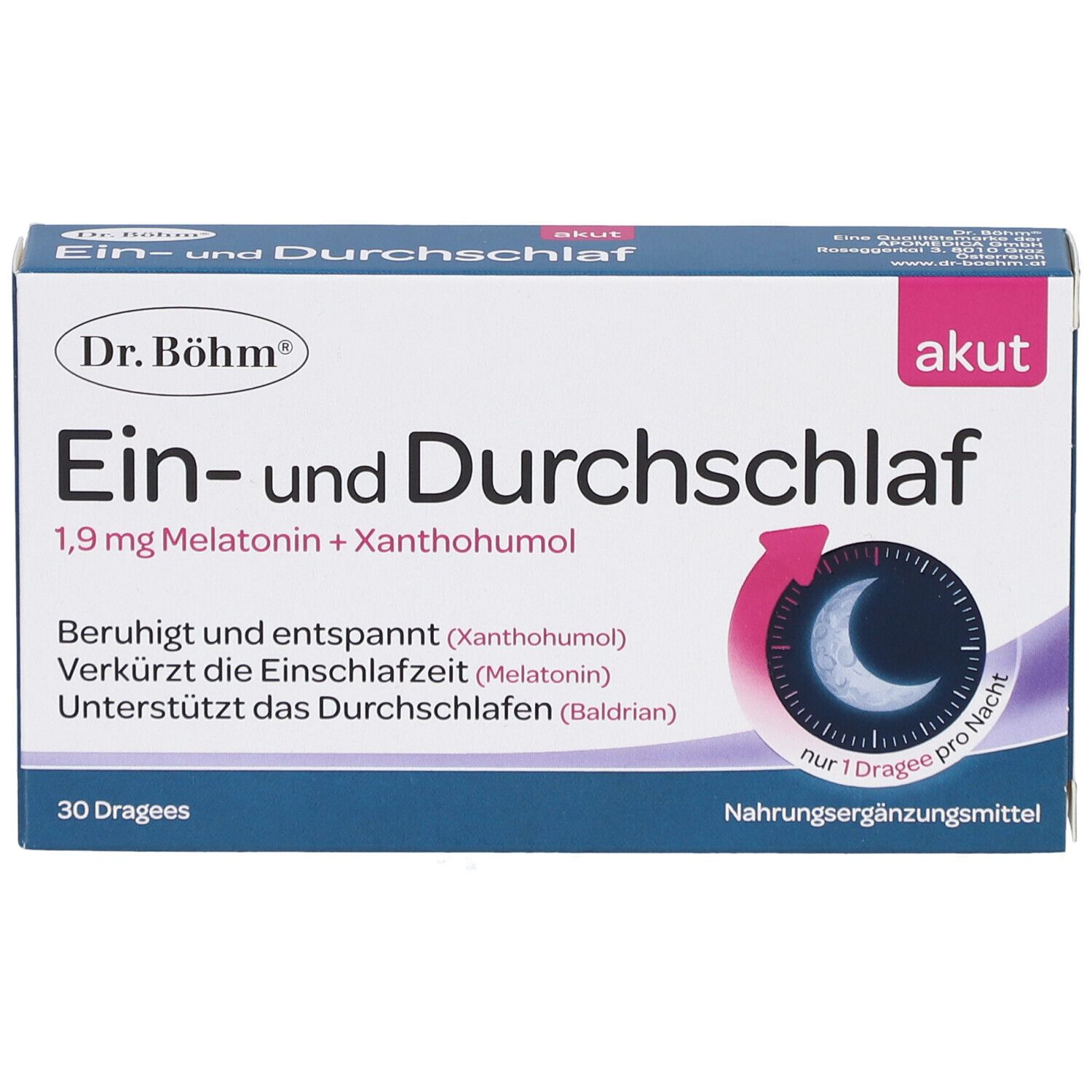 Schachtel "Ein- und Durchschlaf" von Dr. Böhm. Blaue und weiße Verpackung. Text und Logo. Draufsicht.