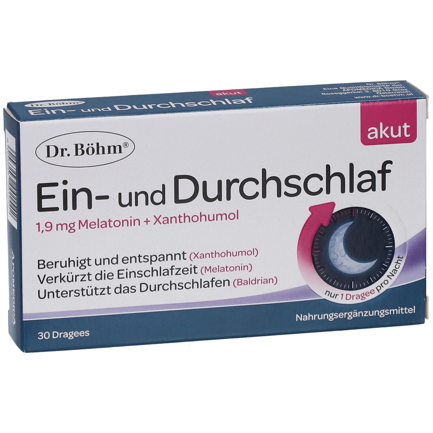 Schachtel "Ein- und Durchschlaf" von Dr. Böhm. Blaue und weiße Verpackung. Text und Logo. Draufsicht.
