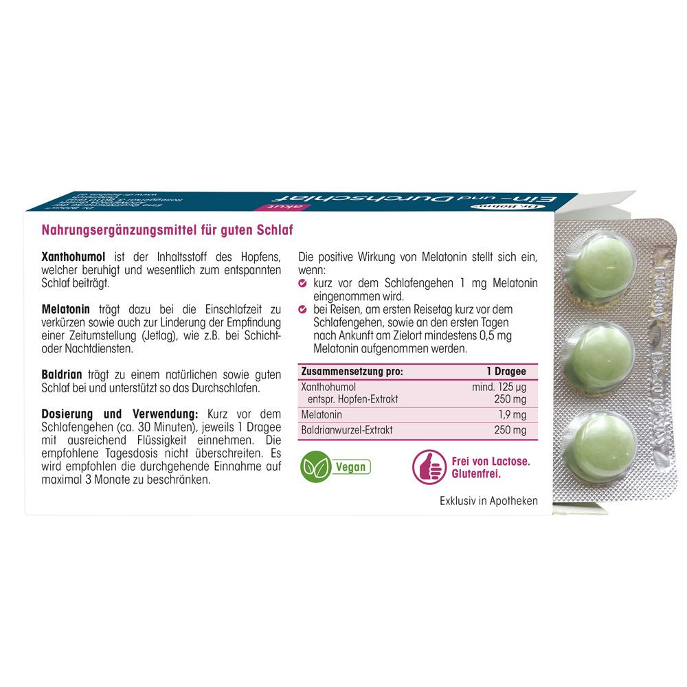 Rückseite der Dr. Böhm Ein- und Durchschlaf Packung. Text über Inhaltsstoffe, Dosierung und Anwendung. Vegan-Siegel.