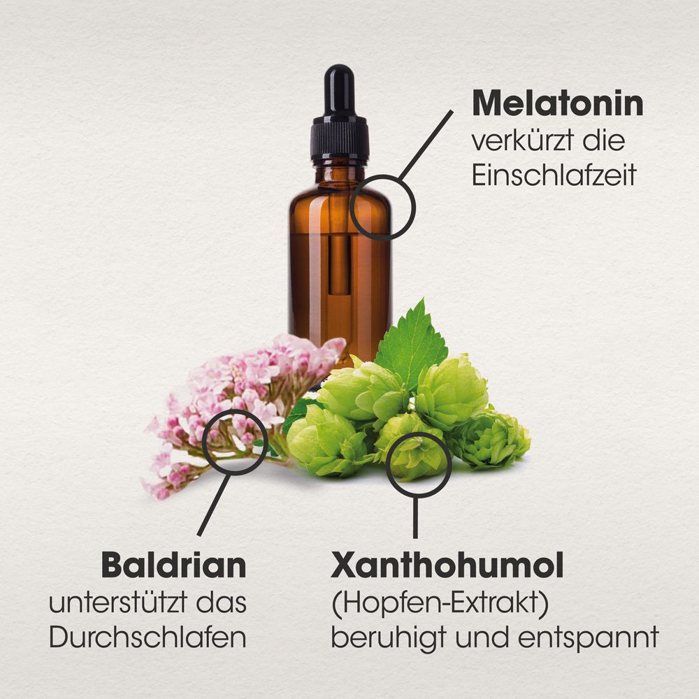 Braune Flasche mit Tropfer, Kräuter und Blüten. Text: Melatonin verkürzt die Einschlafzeit, Baldrian unterstützt das Durchschlafen.