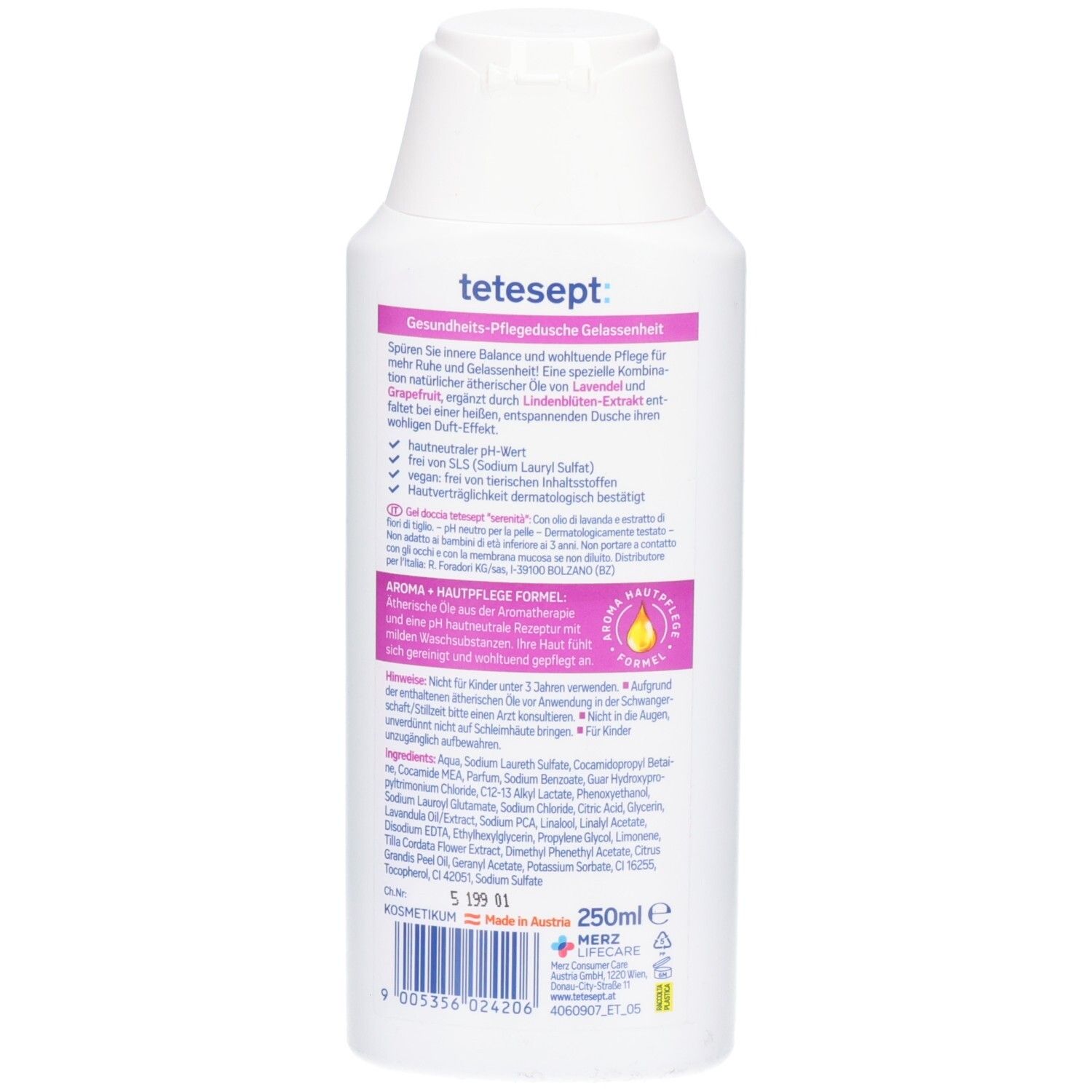 Rückseite der tetesept® Gesundheits-Pflegedusche Gelassenheit Flasche mit Inhaltsstoffen und Anwendungshinweisen.
