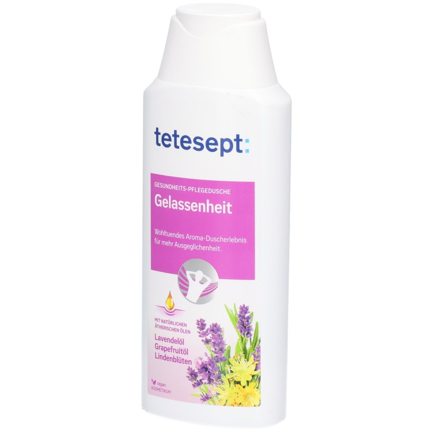 Weiße Flasche tetesept® Gesundheits-Pflegedusche Gelassenheit mit rosa Etikett und Lavendel-Motiv.