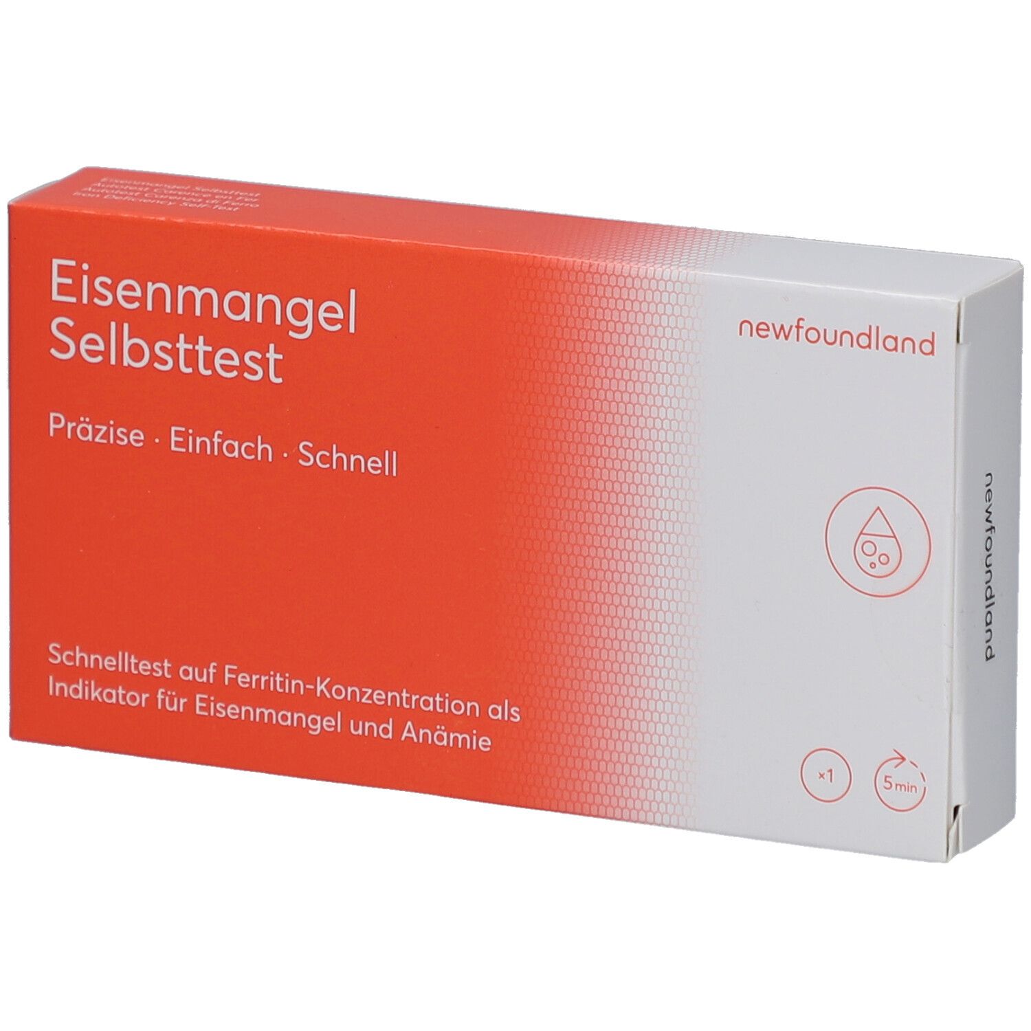 Verpackung für Eisenmangel-Selbsttest. Orange-weiß, mit Text und Logo. Marke: newfoundland. Zeigt ein Diagramm.