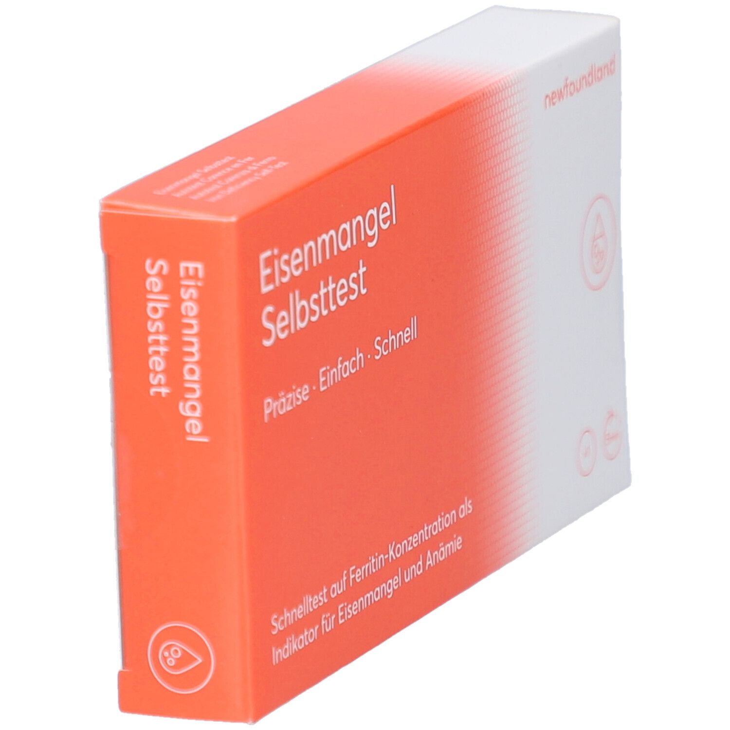 Schrägansicht der Verpackung für Eisenmangel-Selbsttest. Orange-weiß, mit Text und Logo. Marke: newfoundland.