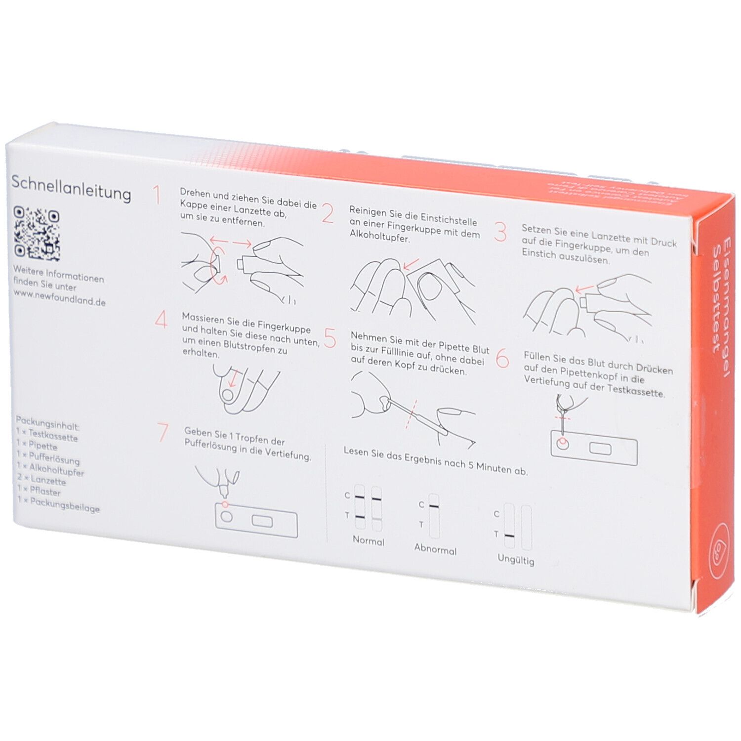 Rückseite der Verpackung für Eisenmangel-Selbsttest. Zeigt eine Schnellanleitung mit Diagrammen. Marke: newfoundland.