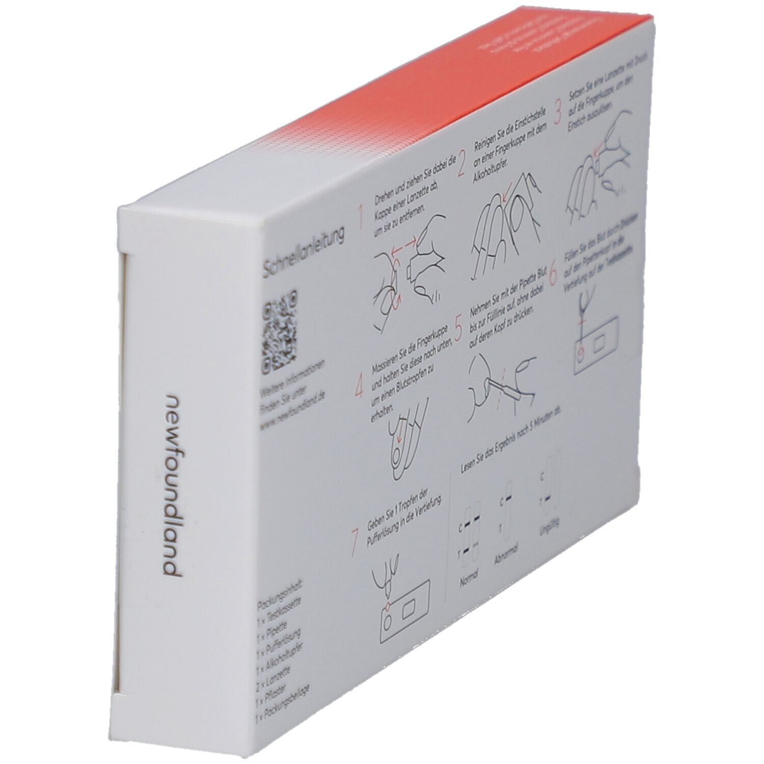 Schrägansicht der Rückseite der Verpackung für Eisenmangel-Selbsttest. Schnellanleitung mit Diagrammen. Marke: newfoundland.