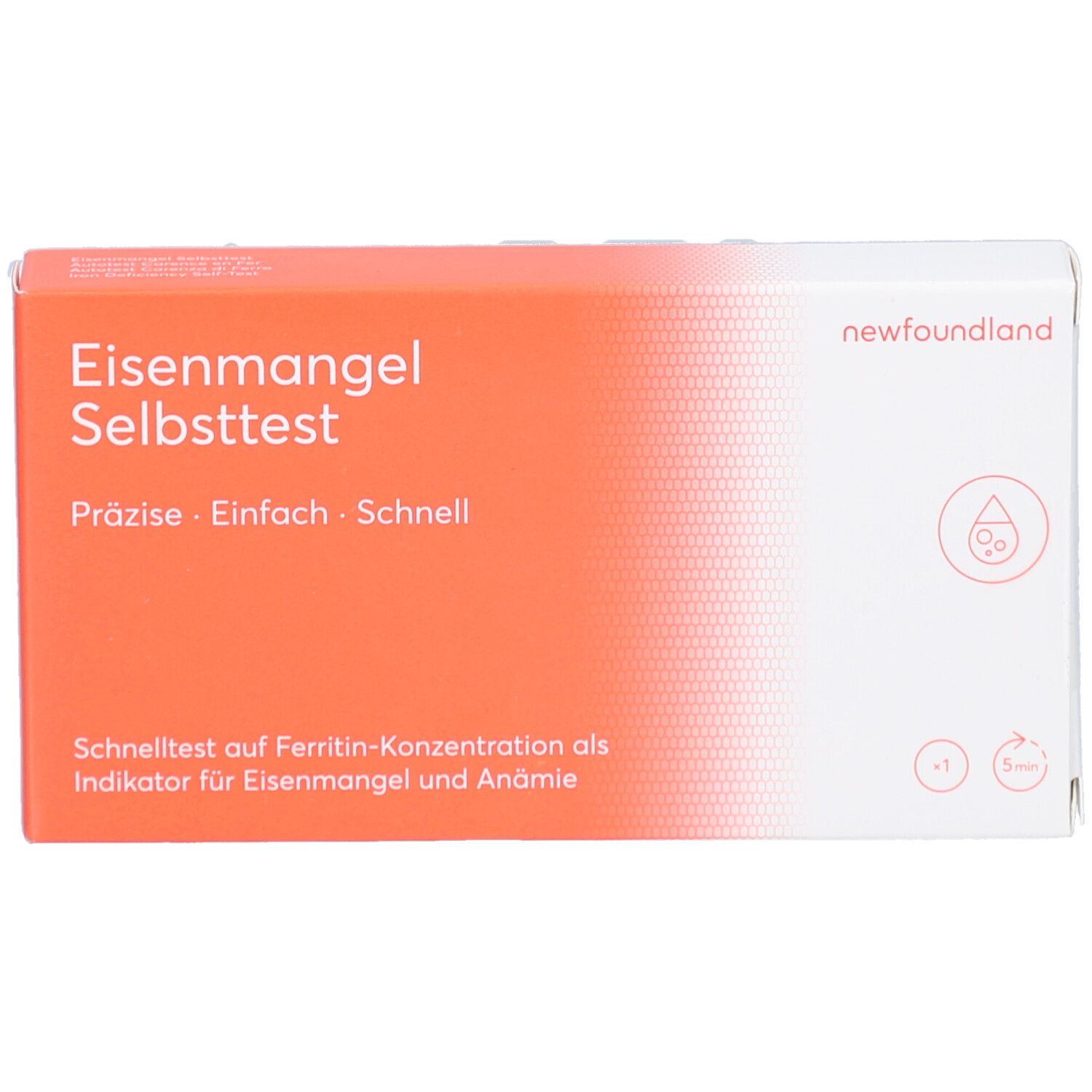 Verpackung für Eisenmangel-Selbsttest. Orange-weiß, mit Text und Logo. Marke: newfoundland. Zeigt ein Diagramm.