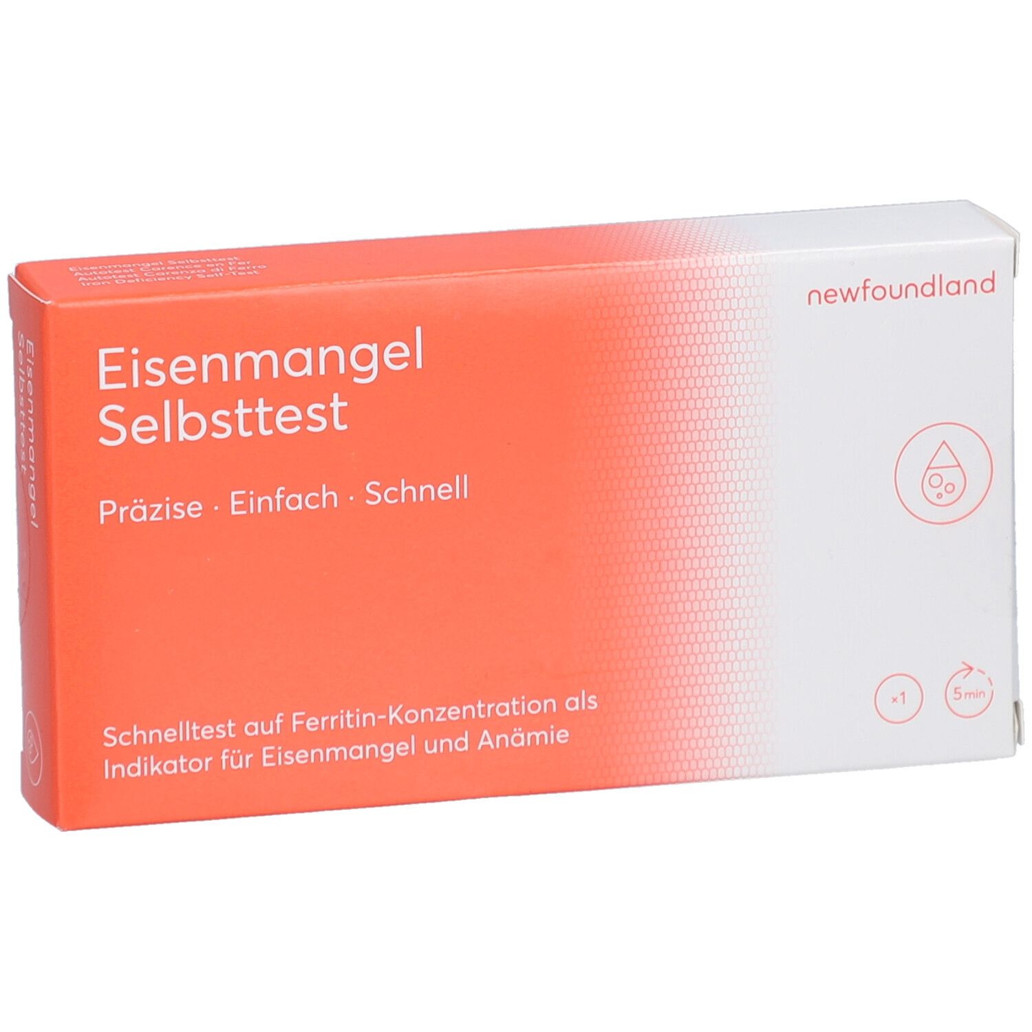 Verpackung für Eisenmangel-Selbsttest. Orange-weiß, mit Text und Logo. Marke: newfoundland. Zeigt ein Diagramm.