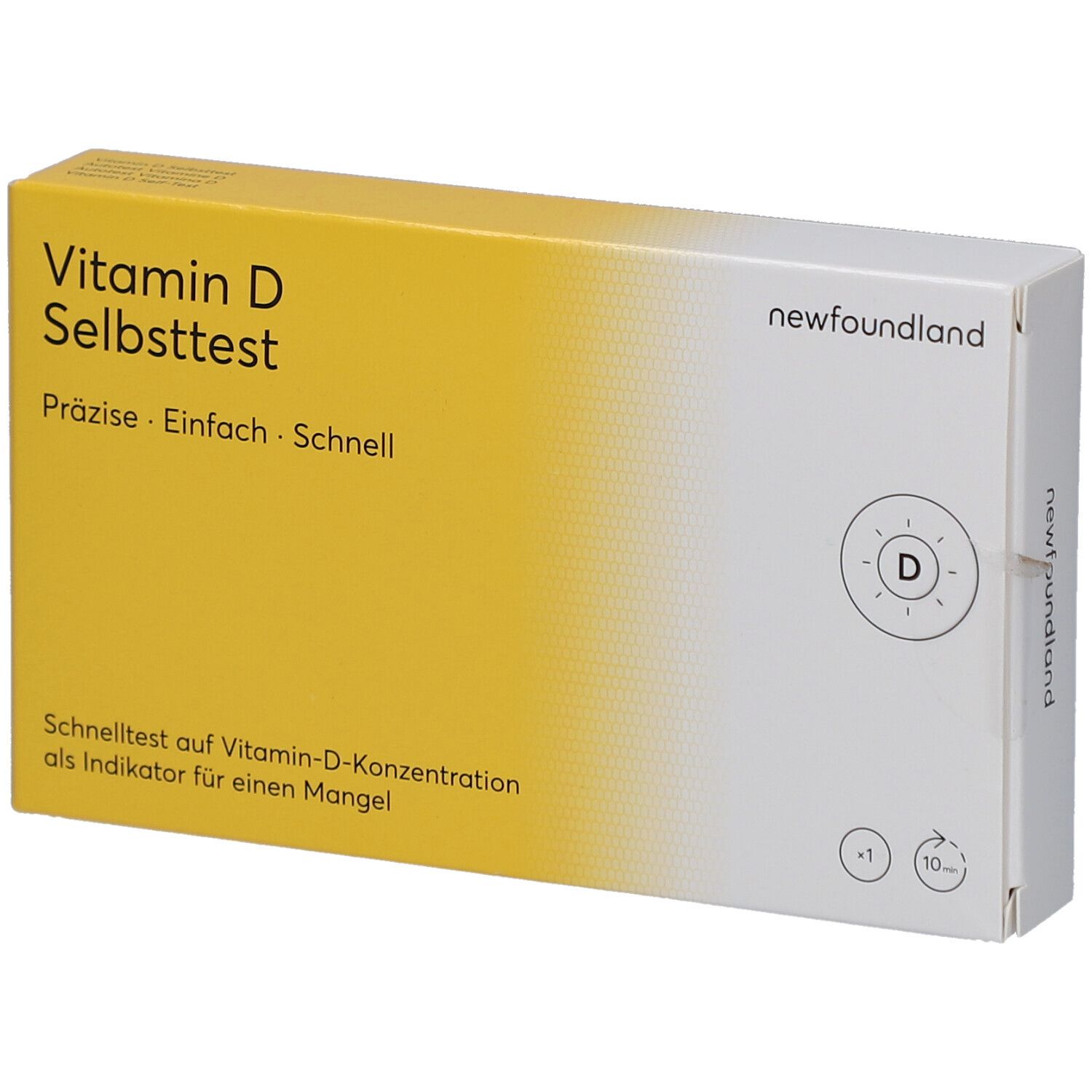 Gelb-weiße Schachtel mit Aufschrift Vitamin D Selbsttest. Präzise, einfach, schnell. Marke: newfoundland. Test zur Vitamin-D-Konzentrationsbestimmung.