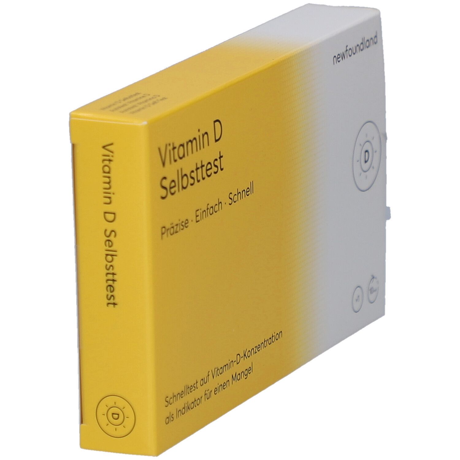 Gelb-weiße Schachtel mit Aufschrift Vitamin D Selbsttest. Marke: newfoundland. Seitenansicht der Verpackung. Text: Vitamin D Selbsttest.