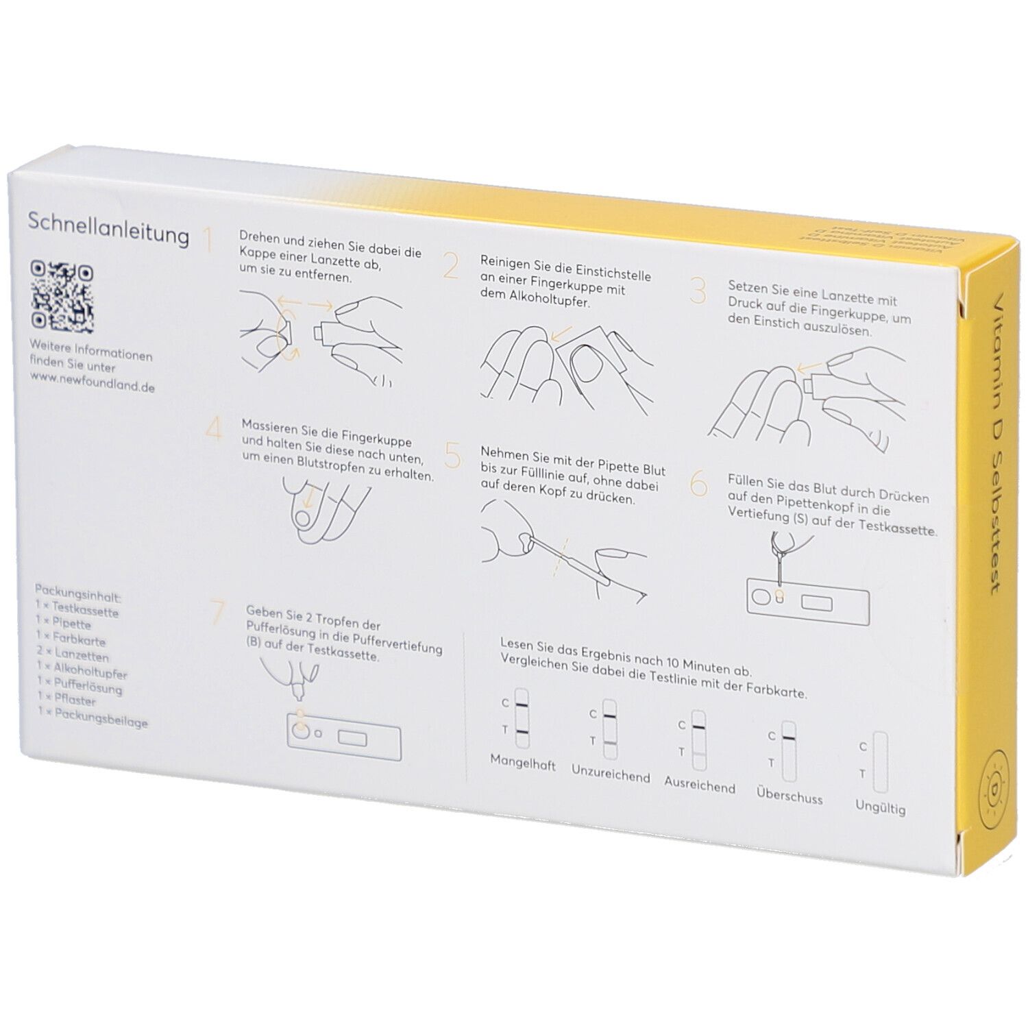 Rückseite der Schachtel mit Anweisungen. Illustrationen zur Durchführung des Tests. Text: Schnellanleitung. Marke: newfoundland. QR-Code.