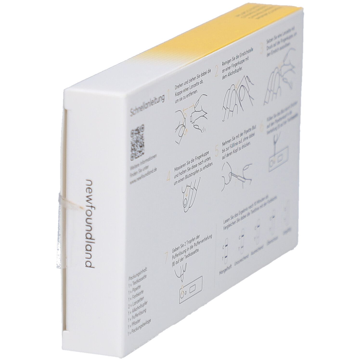 Seitenansicht der Schachtel mit Anweisungen. Illustrationen zur Durchführung des Tests. Marke: newfoundland. Text: Schnellanleitung.