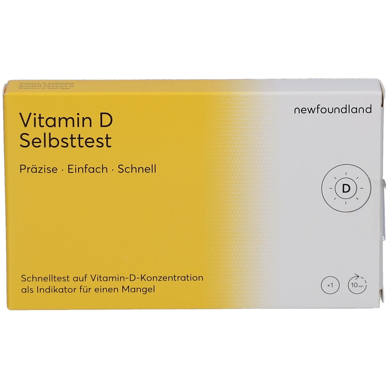 Gelb-weiße Schachtel mit Aufschrift Vitamin D Selbsttest. Präzise, einfach, schnell. Marke: newfoundland. Test zur Vitamin-D-Konzentrationsbestimmung.