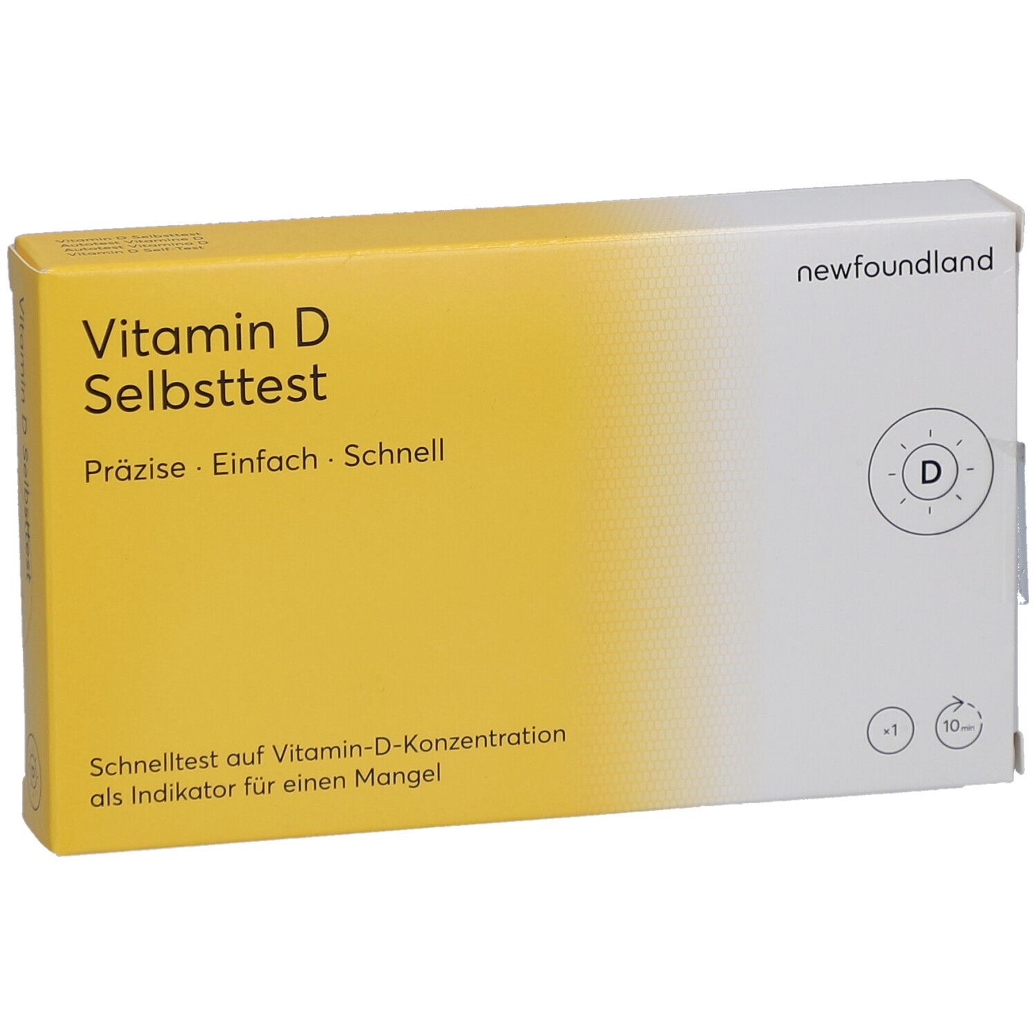 Gelb-weiße Schachtel mit Aufschrift Vitamin D Selbsttest. Präzise, einfach, schnell. Marke: newfoundland. Test zur Vitamin-D-Konzentrationsbestimmung.