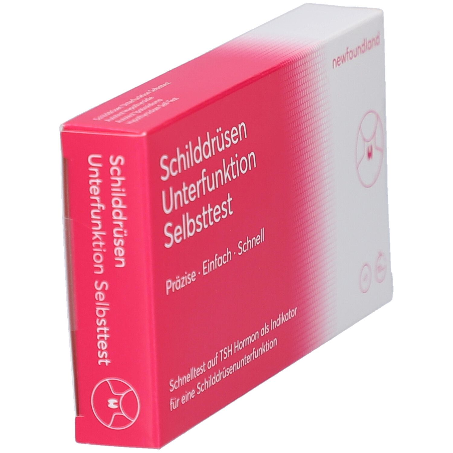 Schrägansicht der Verpackung für den Schilddrüsen-Selbsttest. Weiß-rot, mit Produktname und Logo. Enthält Informationen zum Test.
