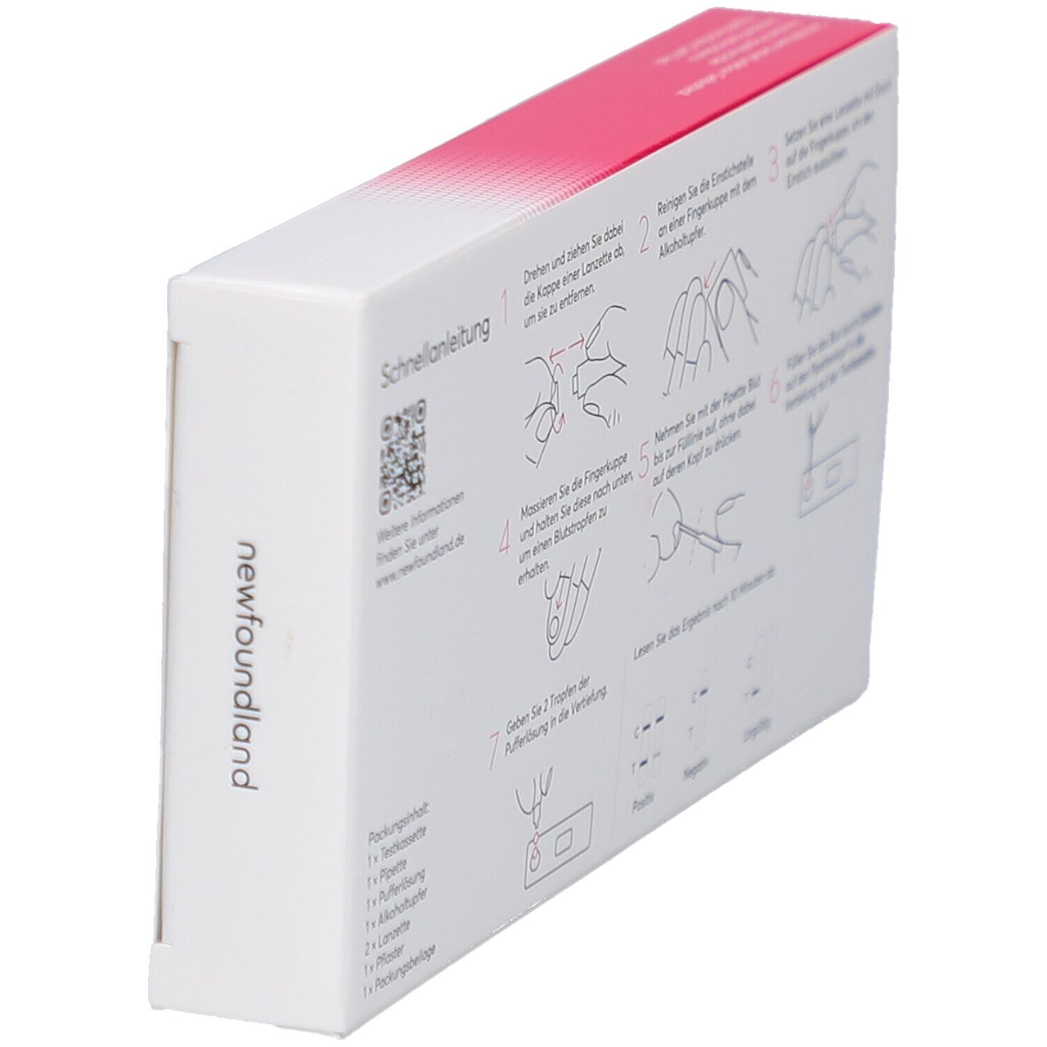 Schrägansicht der Verpackung mit Schnellanleitung. Illustrationen und Text zur Durchführung des Schilddrüsen-Selbsttests.