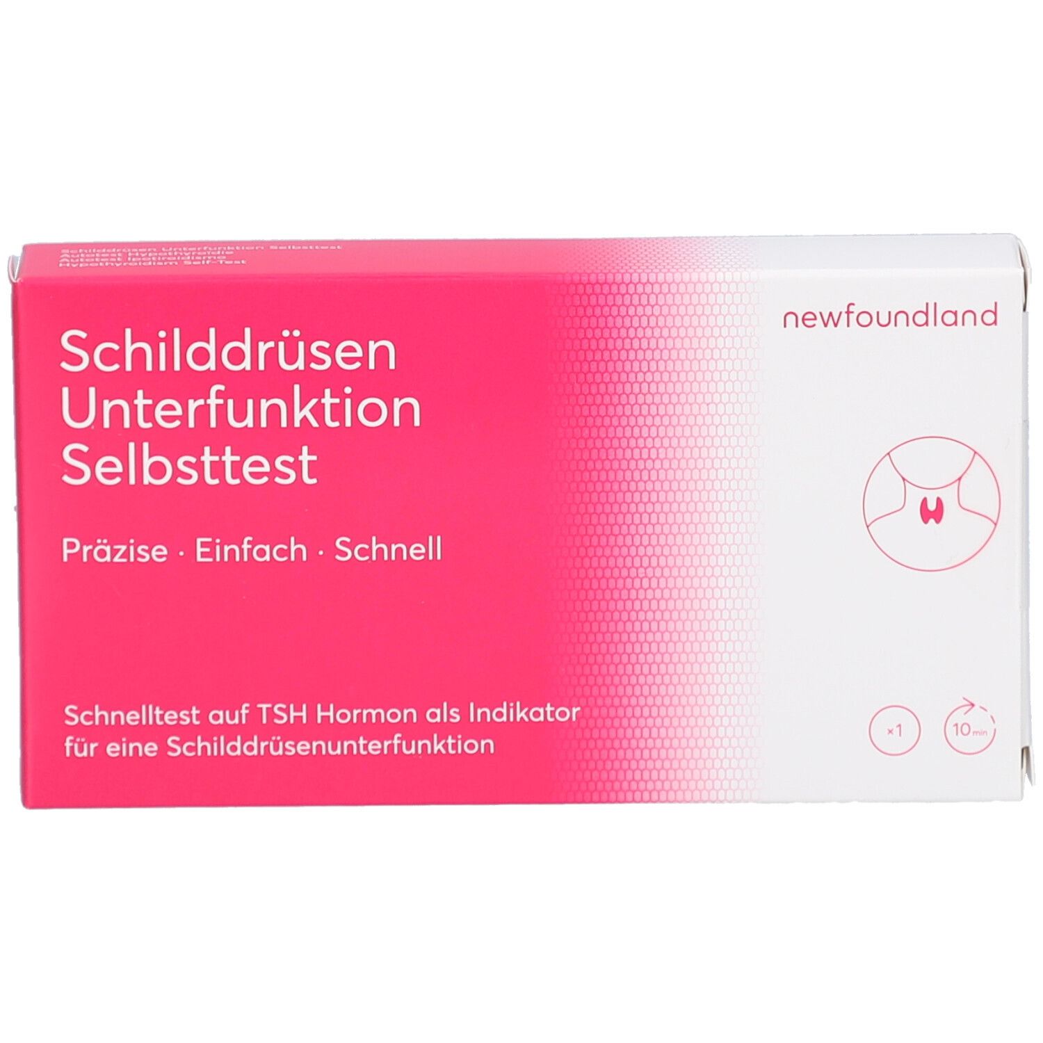 Verpackung für Schilddrüsen-Selbsttest. Weiß-rot, mit Produktname und Logo. Enthält Informationen zum Test auf TSH-Spiegel.