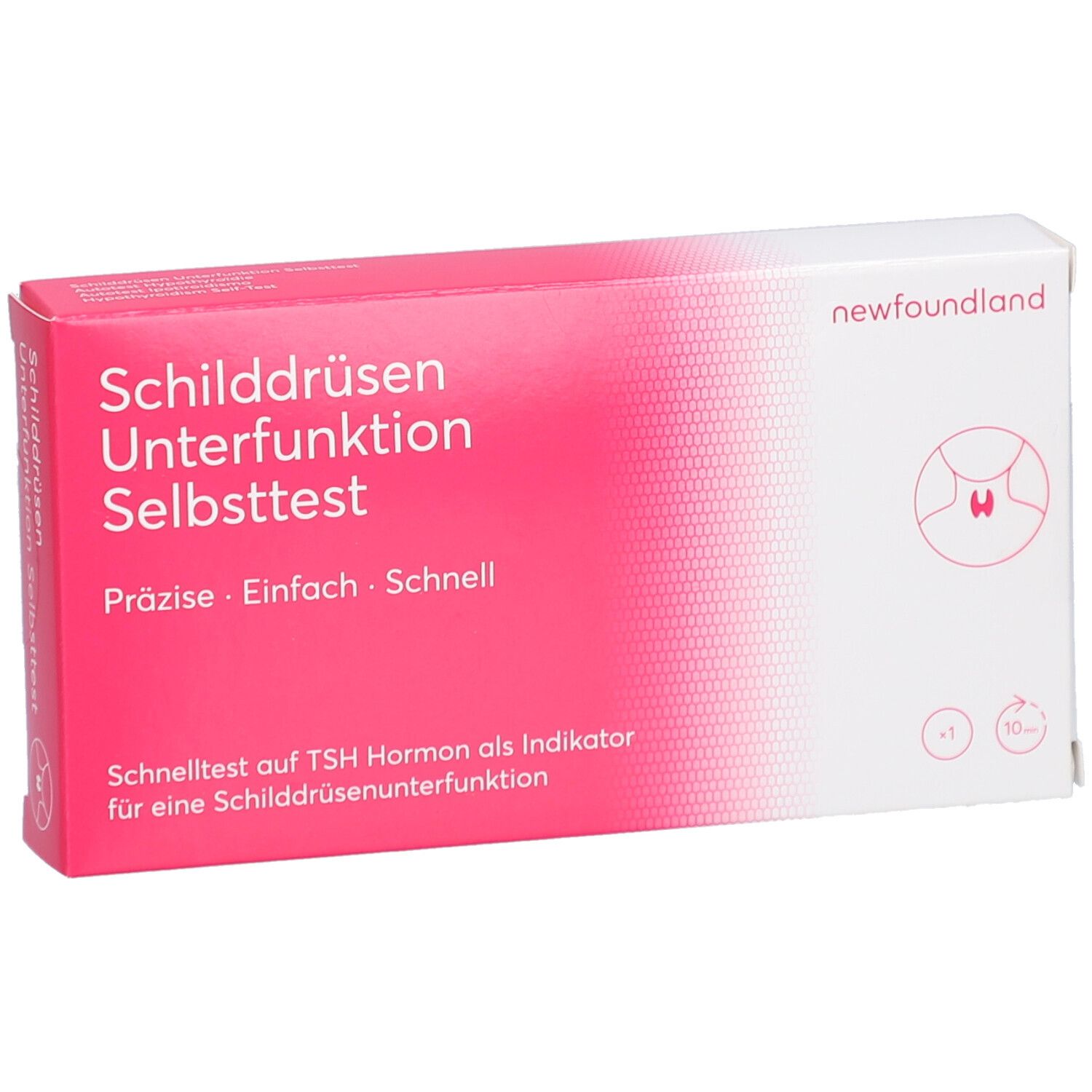 Verpackung für Schilddrüsen-Selbsttest. Weiß-rot, mit Produktname und Logo. Enthält Informationen zum Test auf TSH-Spiegel.