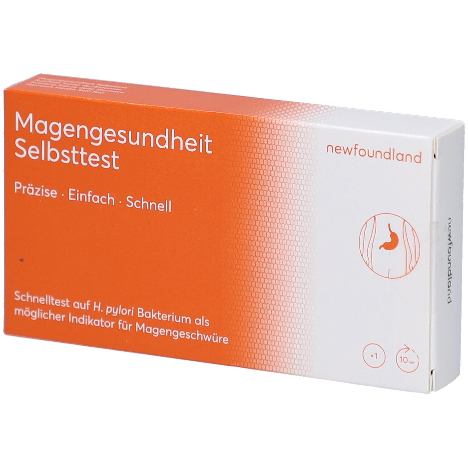 Karton mit Aufschrift "Magengesundheit Selbsttest". Orange-weiße Verpackung mit Produktlogo und Markennamen "newfoundland".