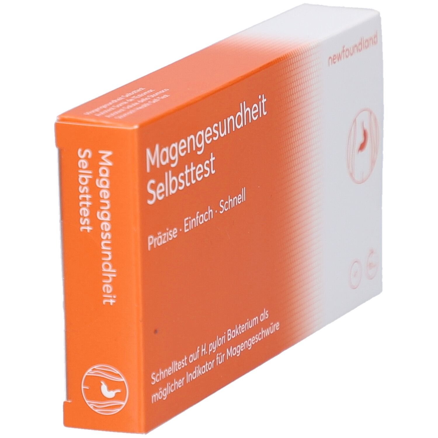 Schrägansicht der Verpackung "Magengesundheit Selbsttest". Orange-weiße Schachtel mit Logo und Markennamen "newfoundland".