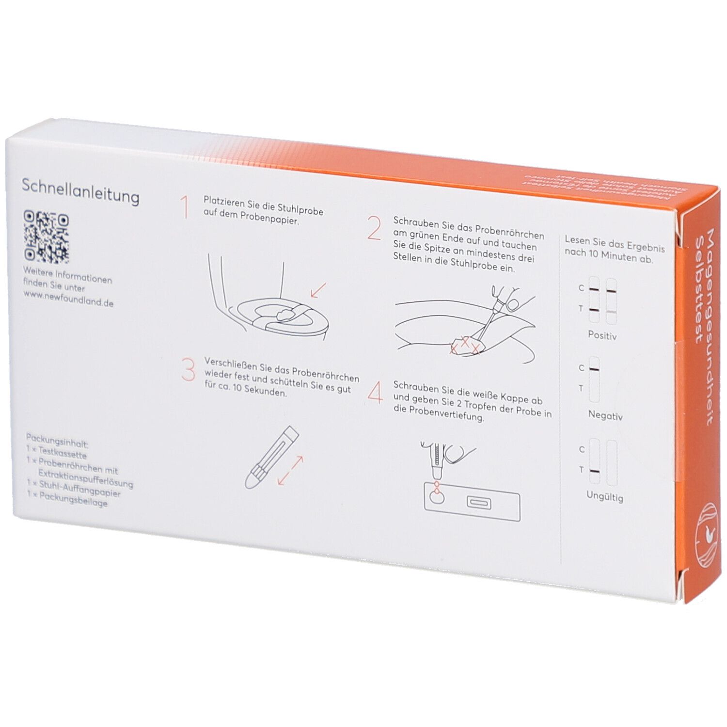 Rückseite der Verpackung "Magengesundheit Selbsttest". Anleitung mit Illustrationen und QR-Code. Markennamen "newfoundland".